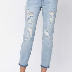 Judy Blue Juby Blue Mid-Rise Lt. Wash Destroyed Boyfriend-8878 Clothing