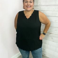 Cotton Bleu "So In Love" Scalloped Tank- Black Clothing