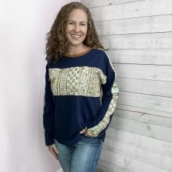 Cotton Bleu "Looking For You" Navy Contrast Print Top