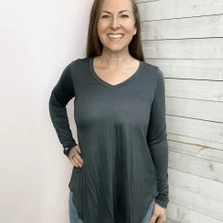Honeyme "Live Your Life" V Neck Top- Charcoal