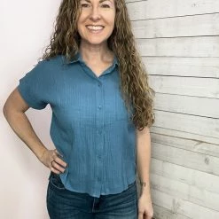 Gilli "Fly Away" Button Down Blouse- Denim Blue Clothing