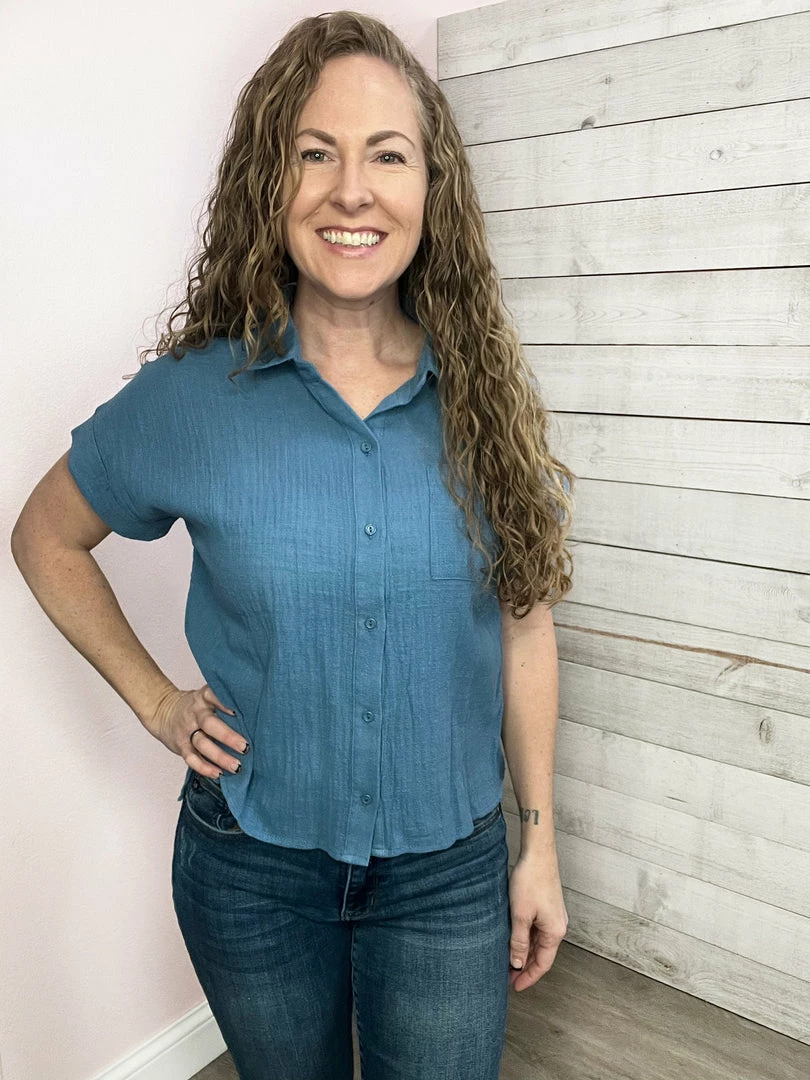 Gilli "Fly Away" Button Down Blouse- Denim Blue Clothing 1 Gilli "Fly Away" Button Down Blouse- Denim Blue Clothing