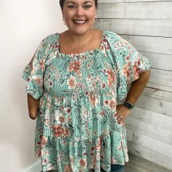 Lovely Melody "Darling" Floral Print Smocked Top- Sage