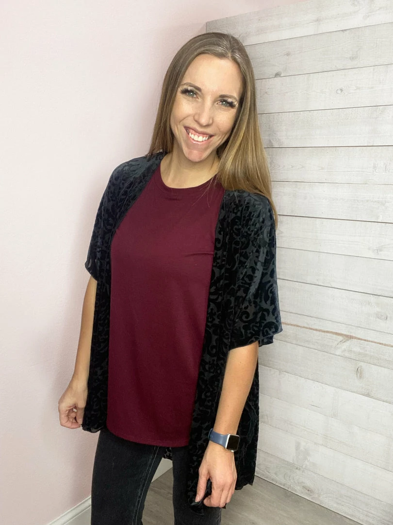 Honeyme Clothing "Fancy" Sheer Kimono With Velvet Pattern 1 Honeyme Clothing "Fancy" Sheer Kimono With Velvet Pattern