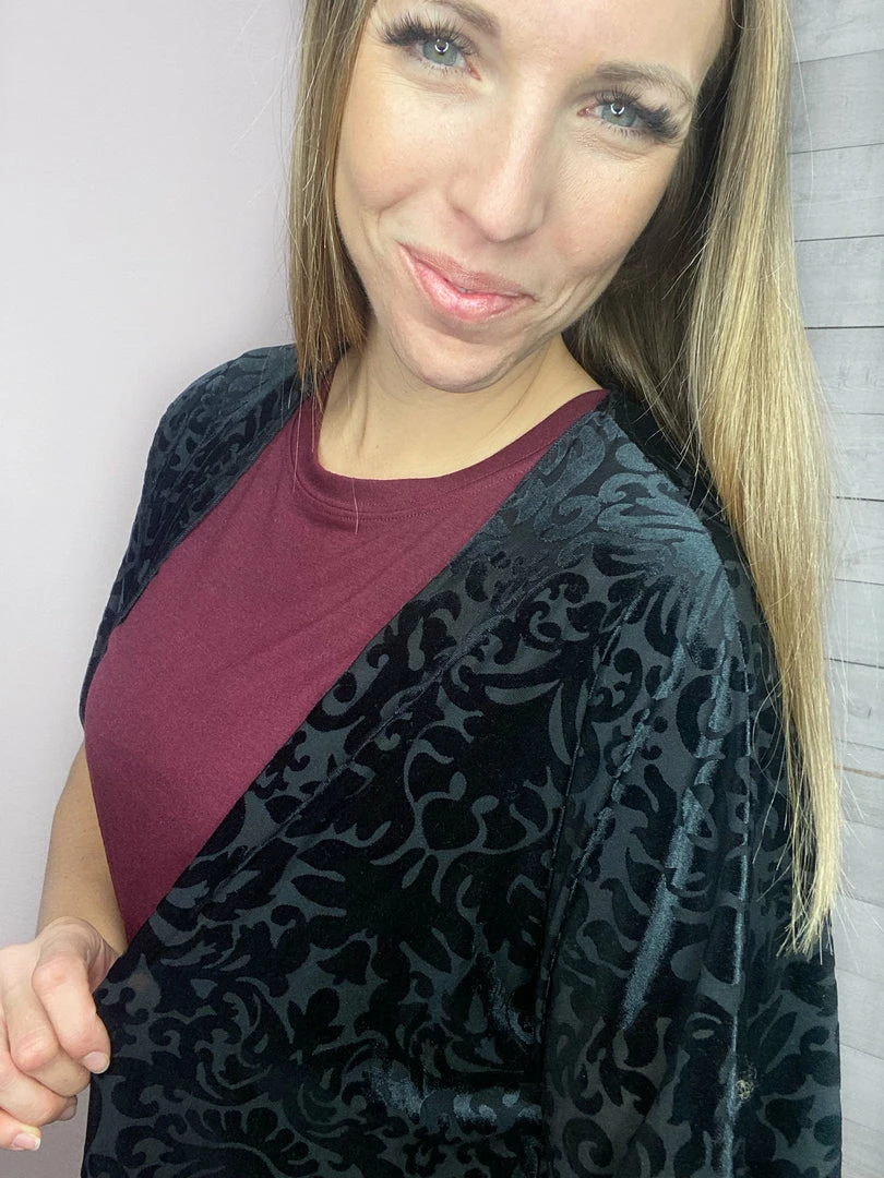 Honeyme Clothing "Fancy" Sheer Kimono With Velvet Pattern 5 Honeyme Clothing "Fancy" Sheer Kimono With Velvet Pattern