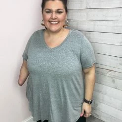 Honeyme "Weekend Away" V Neck Short Sleeve Top- Grey Clothing