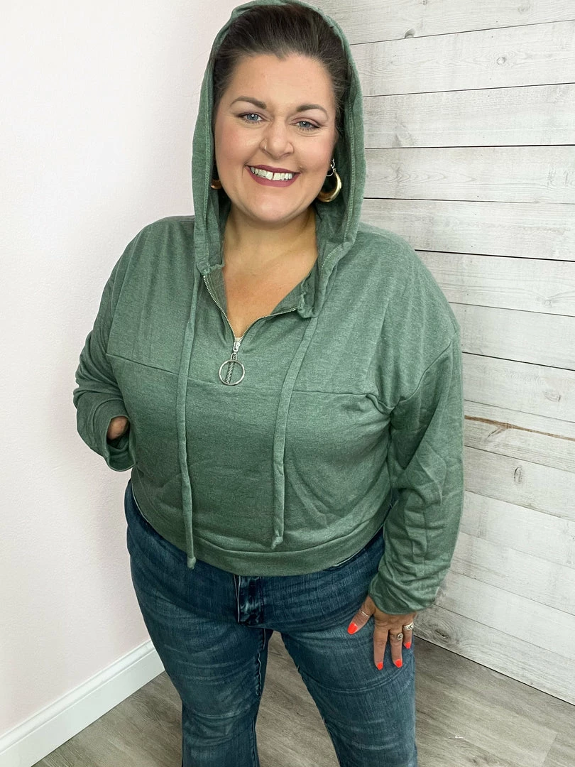 White Birch "Short And Sweet" Zippered Hoodie Top- Green 3 White Birch "Short And Sweet" Zippered Hoodie Top- Green