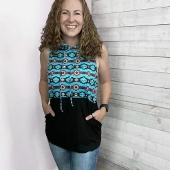 Sunshine & Rodeos "Wonder Often" Aztec Print Hooded Tank Top Clothing