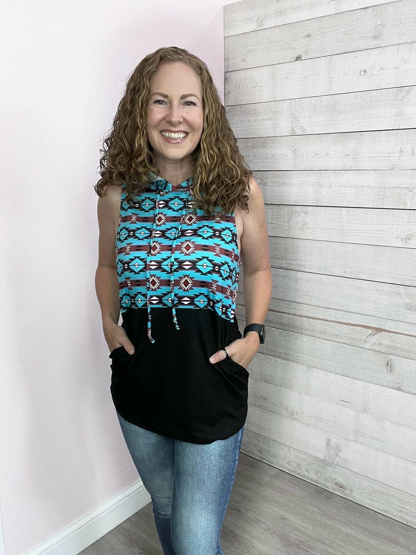 Sunshine & Rodeos "Wonder Often" Aztec Print Hooded Tank Top Clothing 2 Sunshine & Rodeos "Wonder Often" Aztec Print Hooded Tank Top Clothing