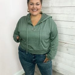 White Birch "Short And Sweet" Zippered Hoodie Top- Green