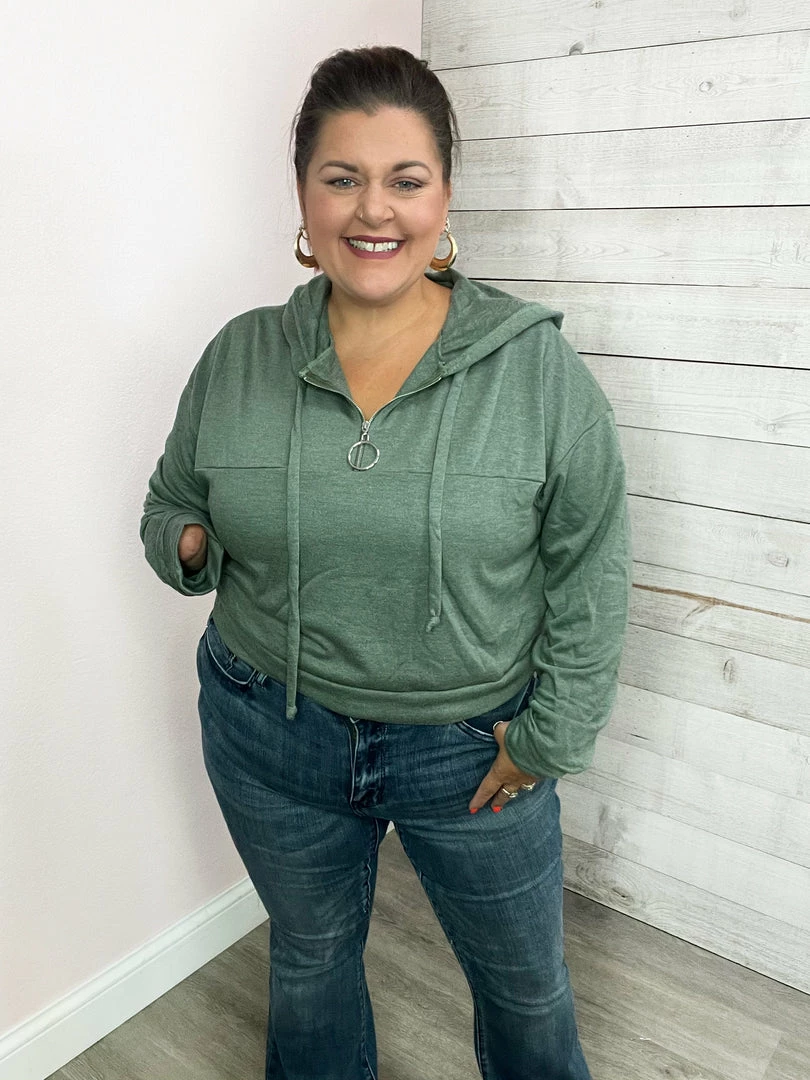 White Birch "Short And Sweet" Zippered Hoodie Top- Green 1 White Birch "Short And Sweet" Zippered Hoodie Top- Green