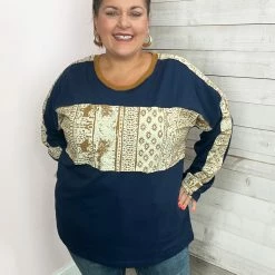 Cotton Bleu "Looking For You" Navy Contrast Print Top