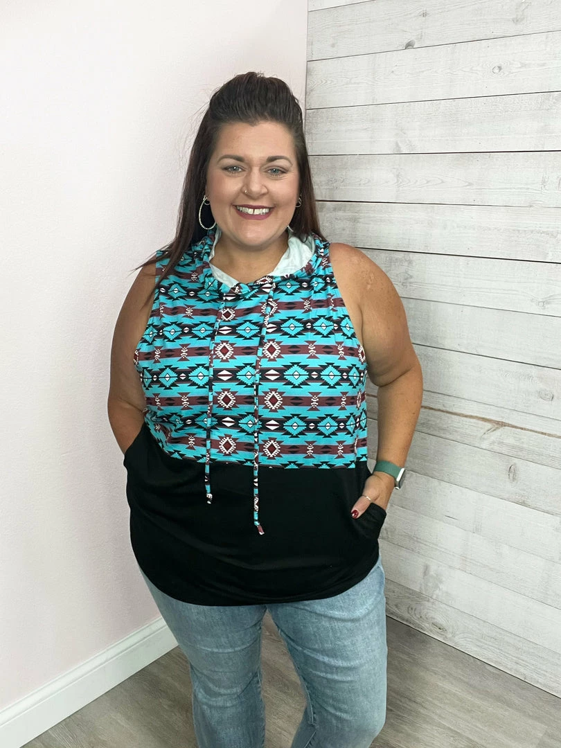 Sunshine & Rodeos "Wonder Often" Aztec Print Hooded Tank Top Clothing 1 Sunshine & Rodeos "Wonder Often" Aztec Print Hooded Tank Top Clothing