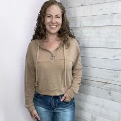 White Birch "Short And Sweet" Zippered Hoodie Top- Brown Clothing