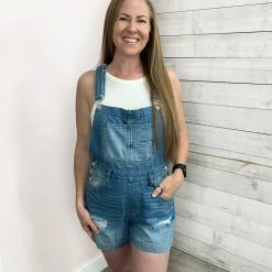 Zenana "Denim Dream" Distressed Denim Short Overalls Clothing
