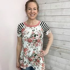 Emerald "Spring Into Action" Floral Top W/Stripe Sleeves *FINAL SALE* Clothing