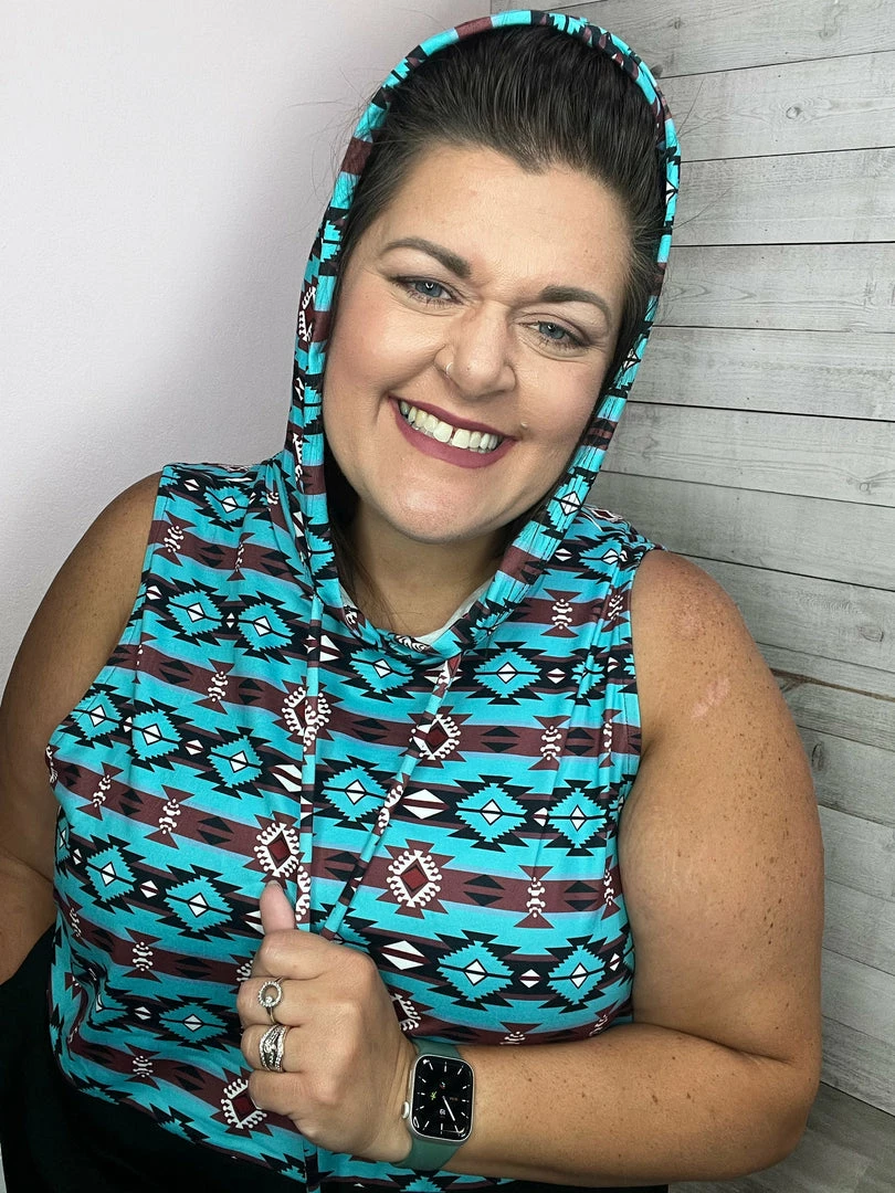 Sunshine & Rodeos "Wonder Often" Aztec Print Hooded Tank Top Clothing 3 Sunshine & Rodeos "Wonder Often" Aztec Print Hooded Tank Top Clothing