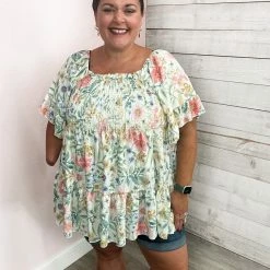 Lovely Melody "Darling" Floral Print Smocked Top- Ivory Clothing