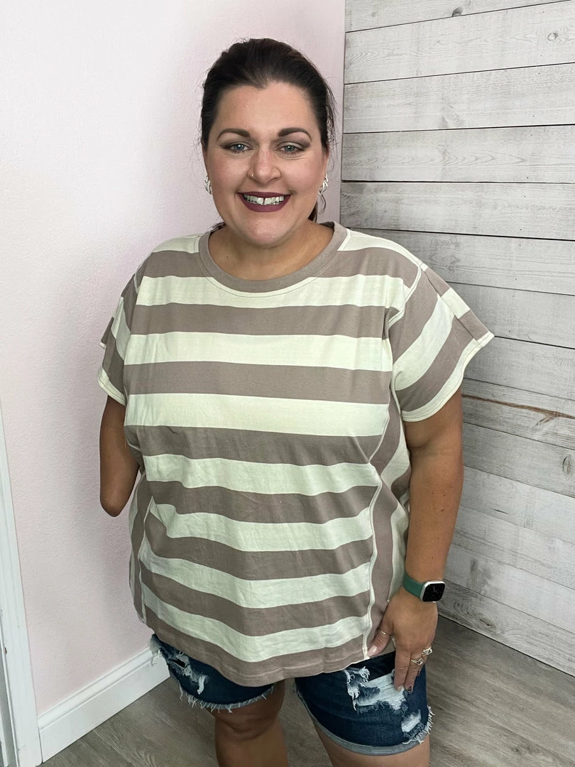 Cotton Bleu Clothing "Keep Up" Striped Short Sleeve Top- Mocha 2 Cotton Bleu Clothing "Keep Up" Striped Short Sleeve Top- Mocha