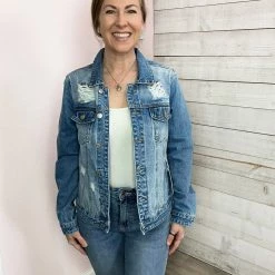 Zenana "Darling Denim" Distressed Jean Jacket- Dark Clothing