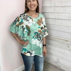 Celeste "Easy Breezy" Floral Print Top W/Ruffle Wing Sleeve Clothing