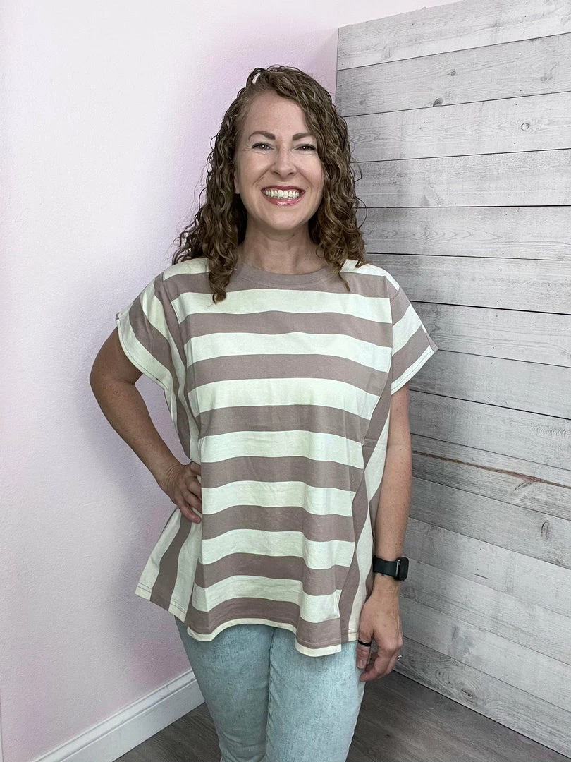 Cotton Bleu Clothing "Keep Up" Striped Short Sleeve Top- Mocha 1 Cotton Bleu Clothing "Keep Up" Striped Short Sleeve Top- Mocha