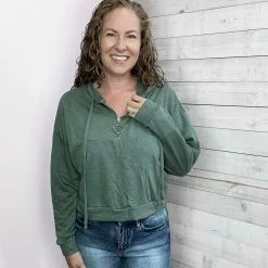 White Birch "Short And Sweet" Zippered Hoodie Top- Green