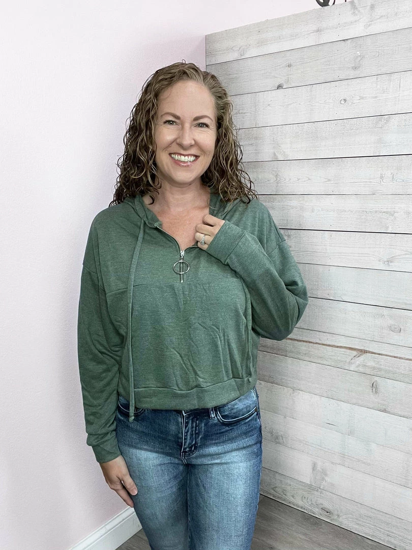 White Birch "Short And Sweet" Zippered Hoodie Top- Green 2 White Birch "Short And Sweet" Zippered Hoodie Top- Green