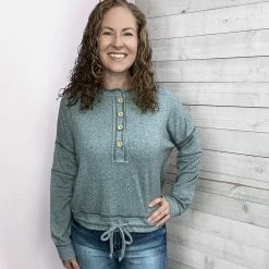 White Birch Clothing "Make Life Easy" Button Front Sweater Top- Charcoal